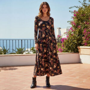 LuLaRoe Ryane XS Black Burgandy Floral Long Sleeve Empire Waist Maxi Dress